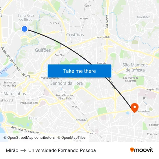Mirão to Universidade Fernando Pessoa map