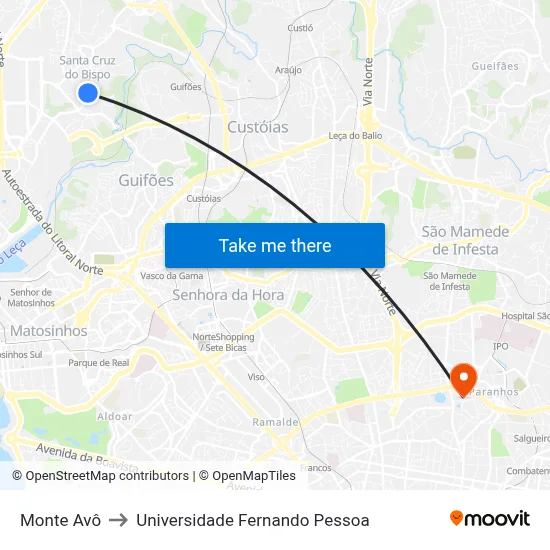 Monte Avô to Universidade Fernando Pessoa map