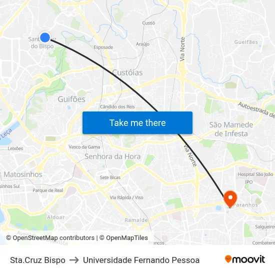 Sta.Cruz Bispo to Universidade Fernando Pessoa map
