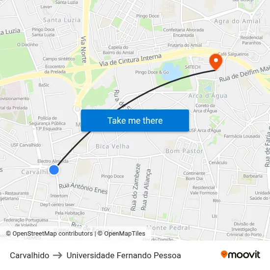 Carvalhido to Universidade Fernando Pessoa map
