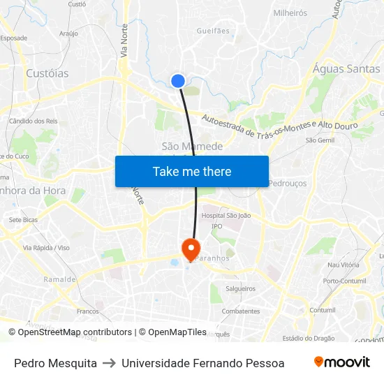 Pedro Mesquita to Universidade Fernando Pessoa map
