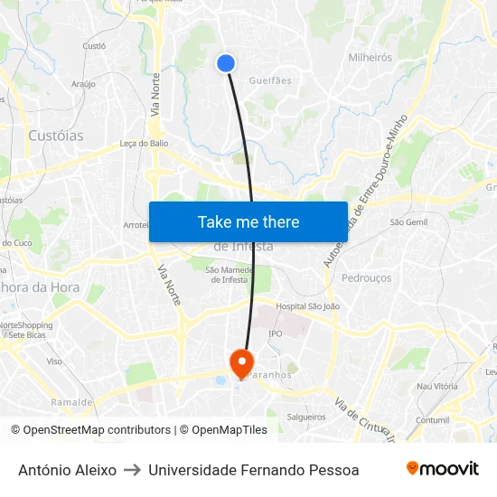 António Aleixo to Universidade Fernando Pessoa map