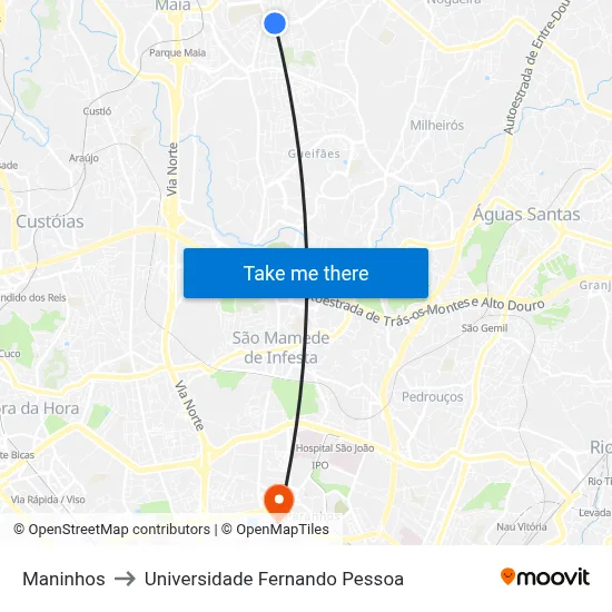 Maninhos to Universidade Fernando Pessoa map