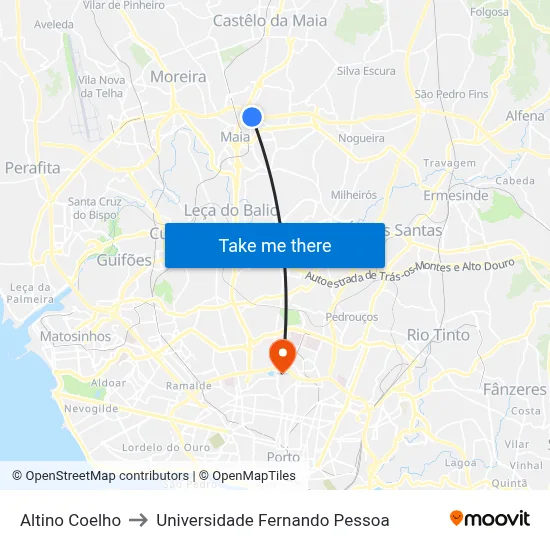 Altino Coelho to Universidade Fernando Pessoa map