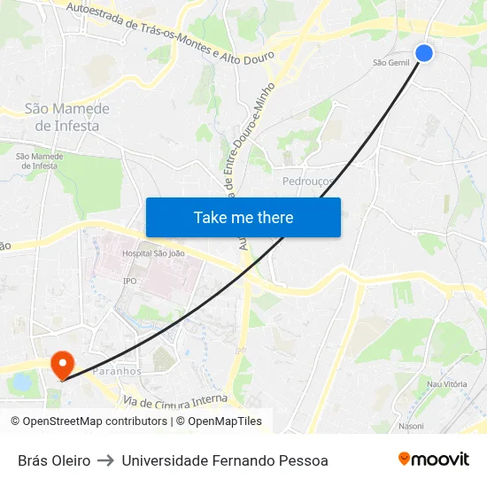 Brás Oleiro to Universidade Fernando Pessoa map