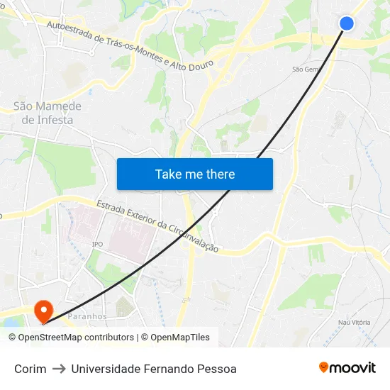 Corim to Universidade Fernando Pessoa map