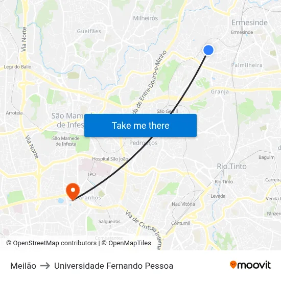 Meilão to Universidade Fernando Pessoa map