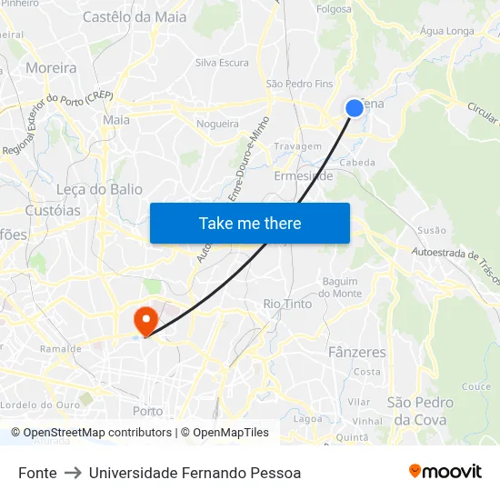 Fonte to Universidade Fernando Pessoa map