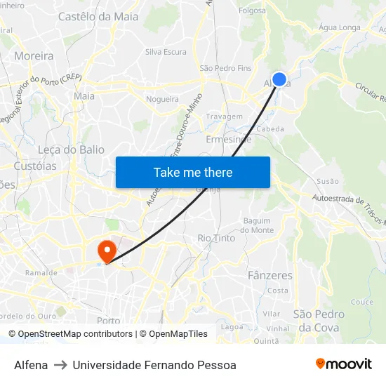 Alfena to Universidade Fernando Pessoa map