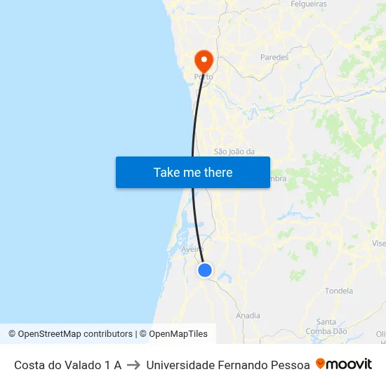 Costa do Valado 1 A to Universidade Fernando Pessoa map