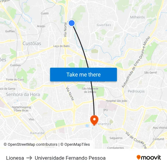 Lionesa to Universidade Fernando Pessoa map