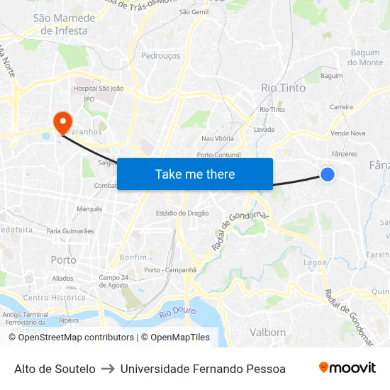Alto de Soutelo to Universidade Fernando Pessoa map