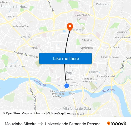 Mouzinho Silveira to Universidade Fernando Pessoa map