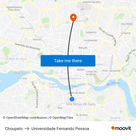 Choupelo to Universidade Fernando Pessoa map
