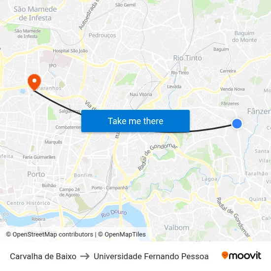 Carvalha de Baixo to Universidade Fernando Pessoa map