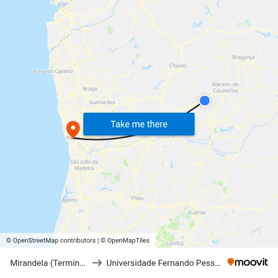 Mirandela (Terminal) to Universidade Fernando Pessoa map