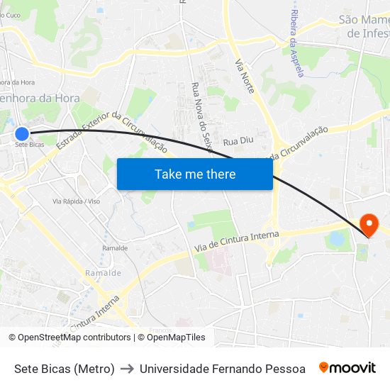 Sete Bicas (Metro) to Universidade Fernando Pessoa map