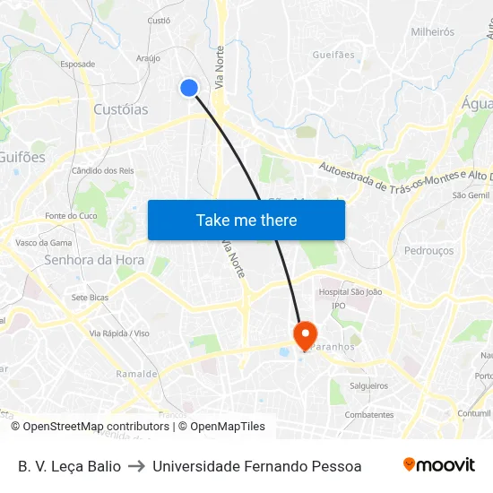 B. V. Leça Balio to Universidade Fernando Pessoa map
