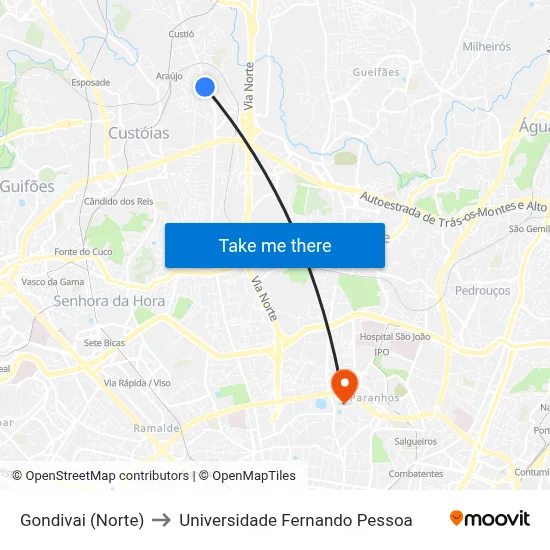 Gondivai (Norte) to Universidade Fernando Pessoa map