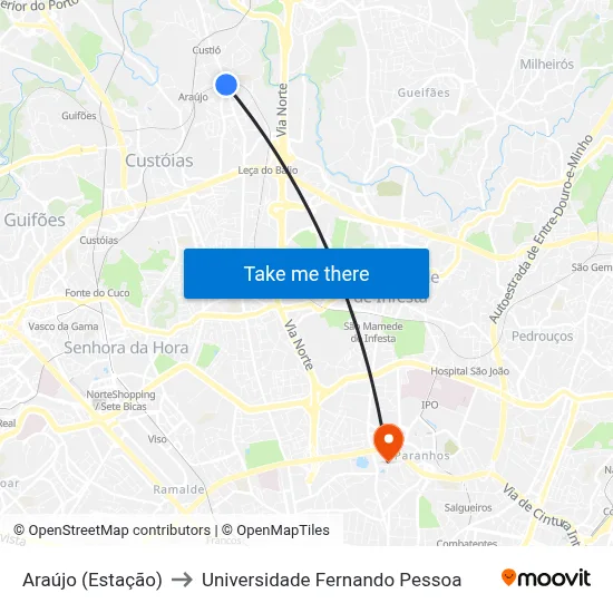 Araújo (Estação) to Universidade Fernando Pessoa map