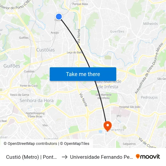 Custió (Metro) | Pontelhas to Universidade Fernando Pessoa map