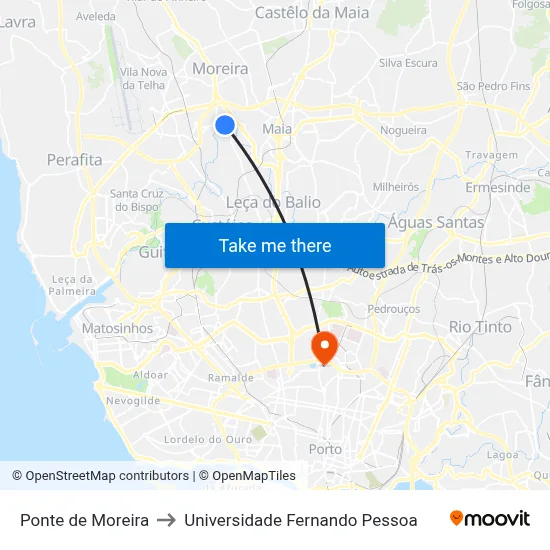 Ponte de Moreira to Universidade Fernando Pessoa map