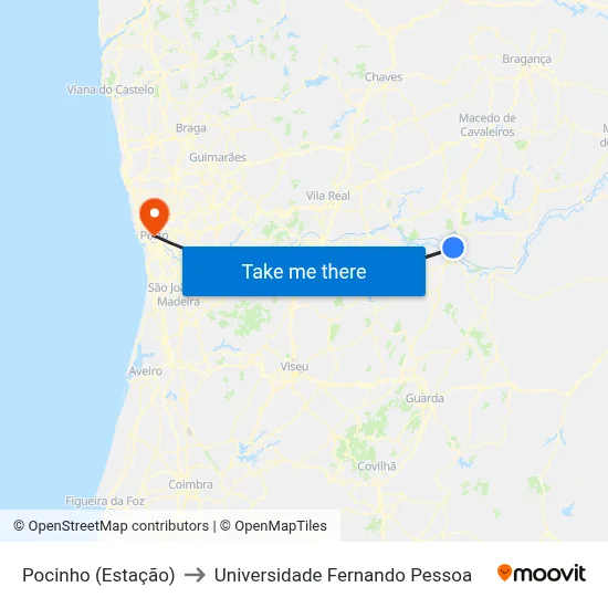Pocinho (Estação) to Universidade Fernando Pessoa map