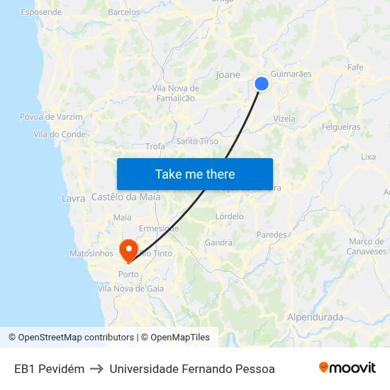 EB1 Pevidém to Universidade Fernando Pessoa map