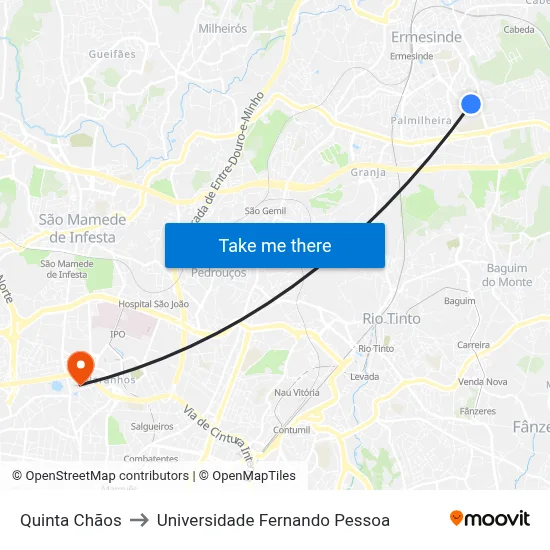 Quinta Chãos to Universidade Fernando Pessoa map