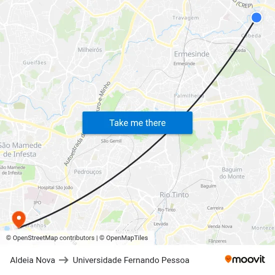 Aldeia Nova to Universidade Fernando Pessoa map