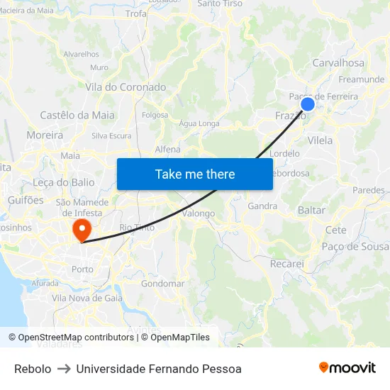 Rebolo to Universidade Fernando Pessoa map