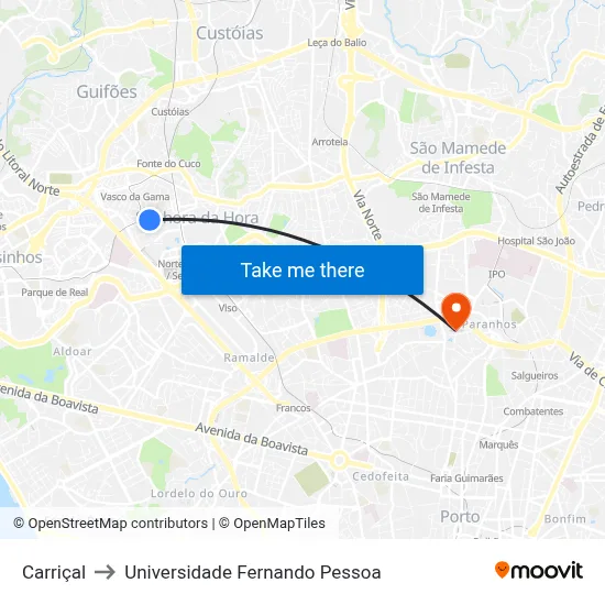 Carriçal to Universidade Fernando Pessoa map