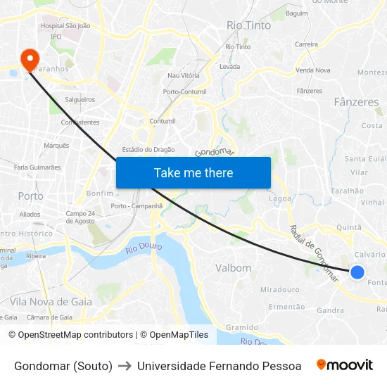 Gondomar (Souto) to Universidade Fernando Pessoa map