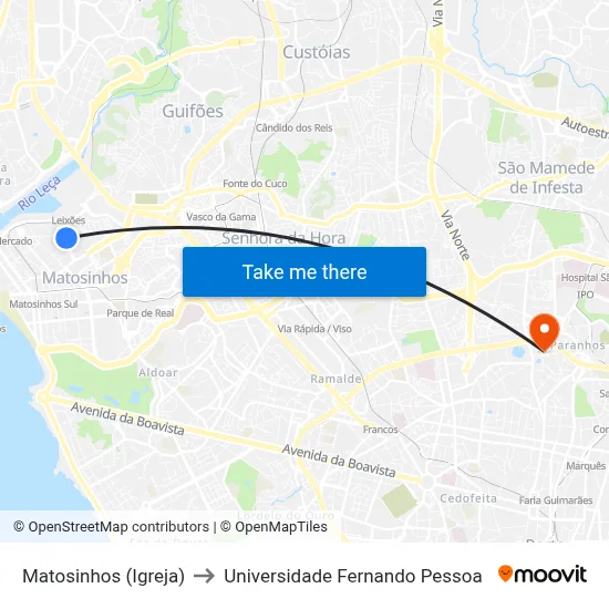 Matosinhos (Igreja) to Universidade Fernando Pessoa map