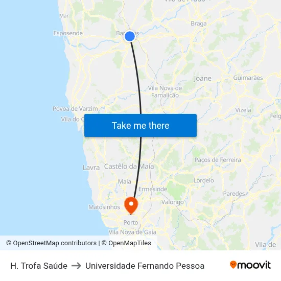 H. Trofa Saúde to Universidade Fernando Pessoa map