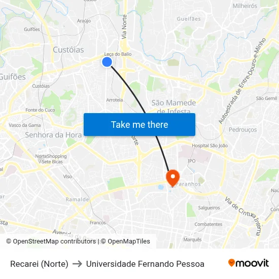 Recarei (Norte) to Universidade Fernando Pessoa map