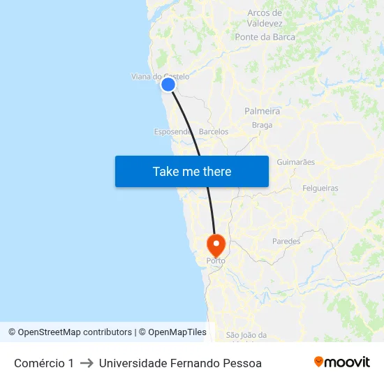 Comércio 1 to Universidade Fernando Pessoa map