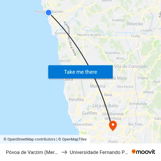 Póvoa de Varzim (Mercado) to Universidade Fernando Pessoa map