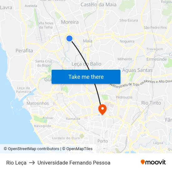 Rio Leça to Universidade Fernando Pessoa map