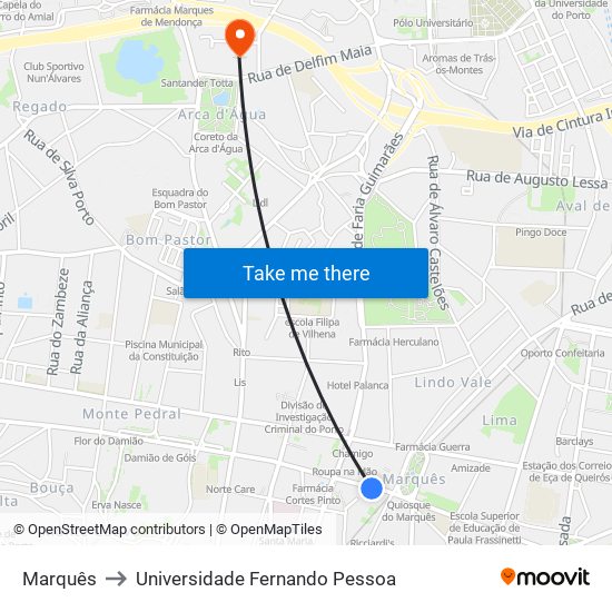 Marquês to Universidade Fernando Pessoa map