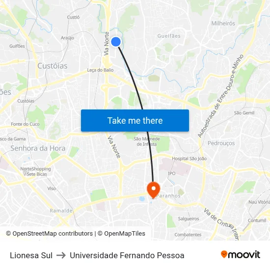 Lionesa Sul to Universidade Fernando Pessoa map