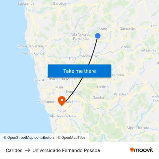 Carides to Universidade Fernando Pessoa map