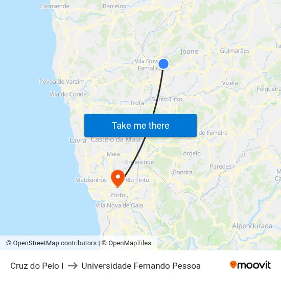 Cruz do Pelo I to Universidade Fernando Pessoa map