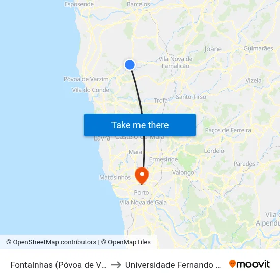 Fontaínhas (Póvoa de Varzim) to Universidade Fernando Pessoa map
