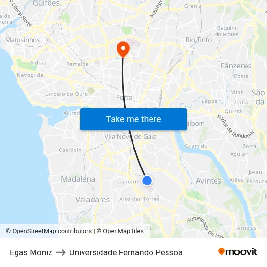 Egas Moniz to Universidade Fernando Pessoa map