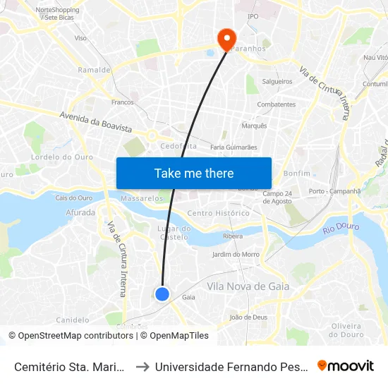 Cemitério Sta. Marinha to Universidade Fernando Pessoa map