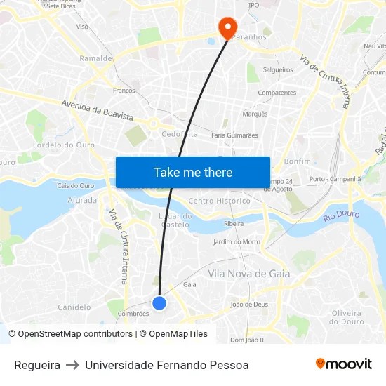 Regueira to Universidade Fernando Pessoa map