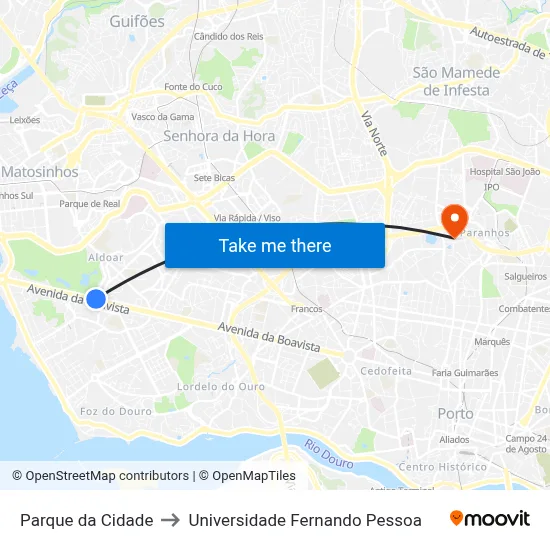 Parque da Cidade to Universidade Fernando Pessoa map