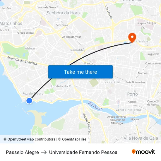 Passeio Alegre to Universidade Fernando Pessoa map