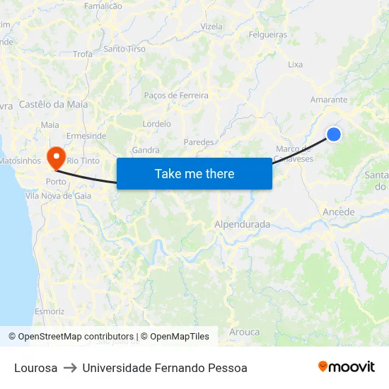 Lourosa to Universidade Fernando Pessoa map